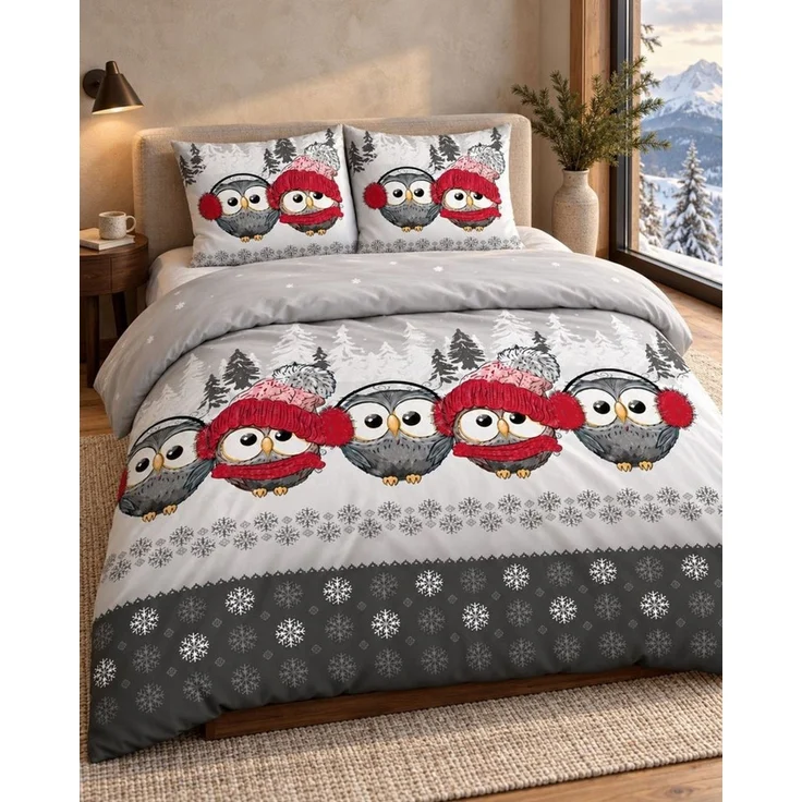One Home Bettwäsche Winter Baumwolle Biber Motive, Flanell, 3 teilig, Schneeflocke Weihnachtlich süße Eule, kuschelig flauschig warm weich – Bild 2