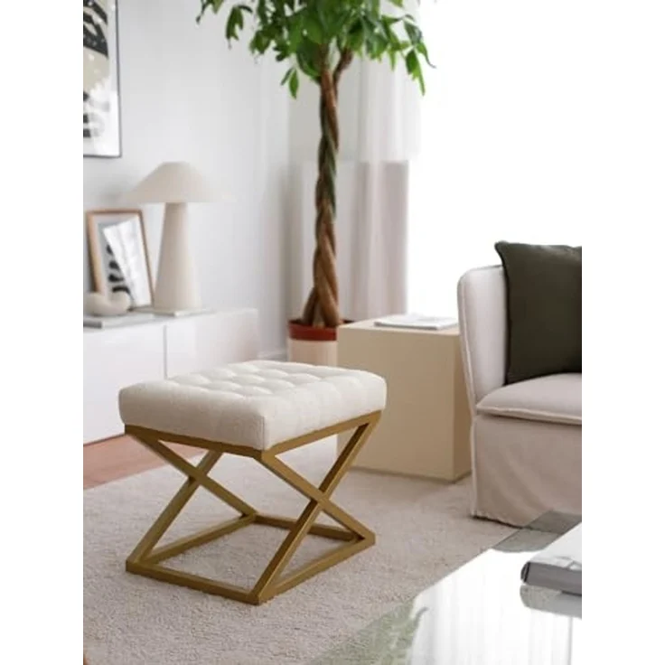 Atelier Del Sofa Stylish Pouffe with Metal Frame, Cream Teddy Fabric, 50 x 42 x 40 cm | Durable & Comfortable Seating for Modern Living Rooms & Bedrooms – Bild 5