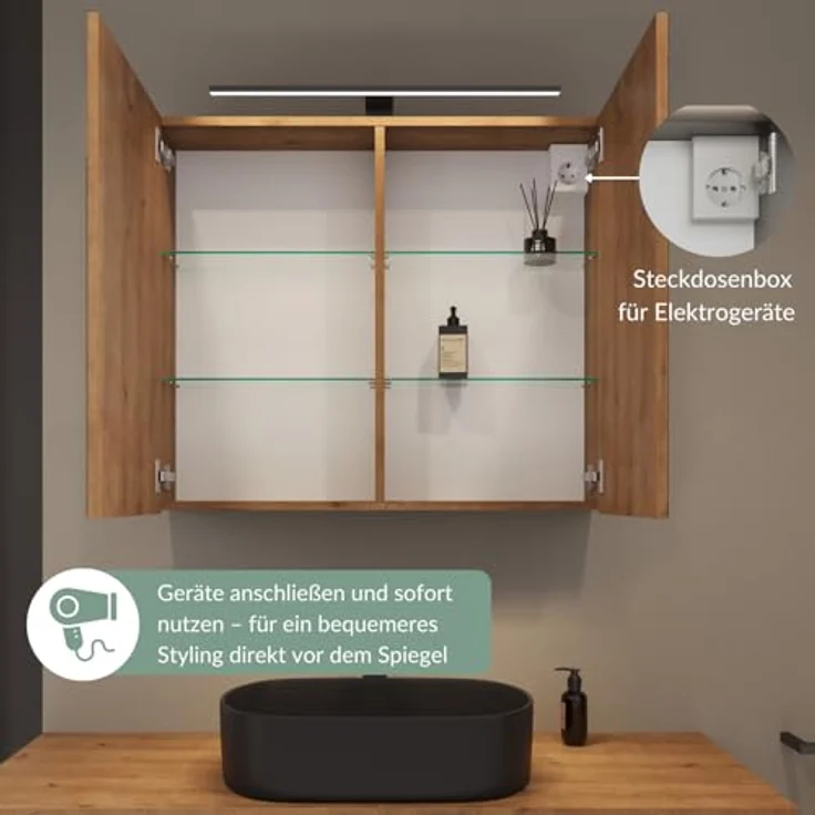 Planetmöbel ARIA Spiegelschrank Bad mit Beleuchtung 80 cm breit | Badschrank hängend mit Spiegel | Gold Eiche, mit Leuchte und Steckdose, Spiegelschrank Gäste WC 80 x 70 x 16 cm – Bild 8