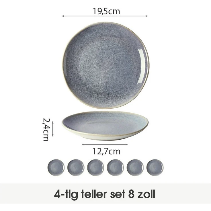 JIWOO Teller 4er Ø19,5cm, Speiseteller Steakteller Dessertteller Pastateller Plate, (6 St), Keramik Hochwertiges Tellerset Blau Mikrowellenofen Spülmaschine – Bild 1