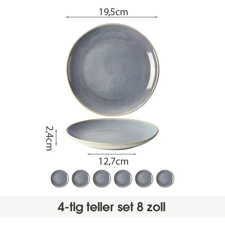 JIWOO Teller 4er Ø19,5cm, Speiseteller Steakteller Dessertteller Pastateller Plate, (6 St), Keramik Hochwertiges Tellerset Blau Mikrowellenofen Spülmaschine