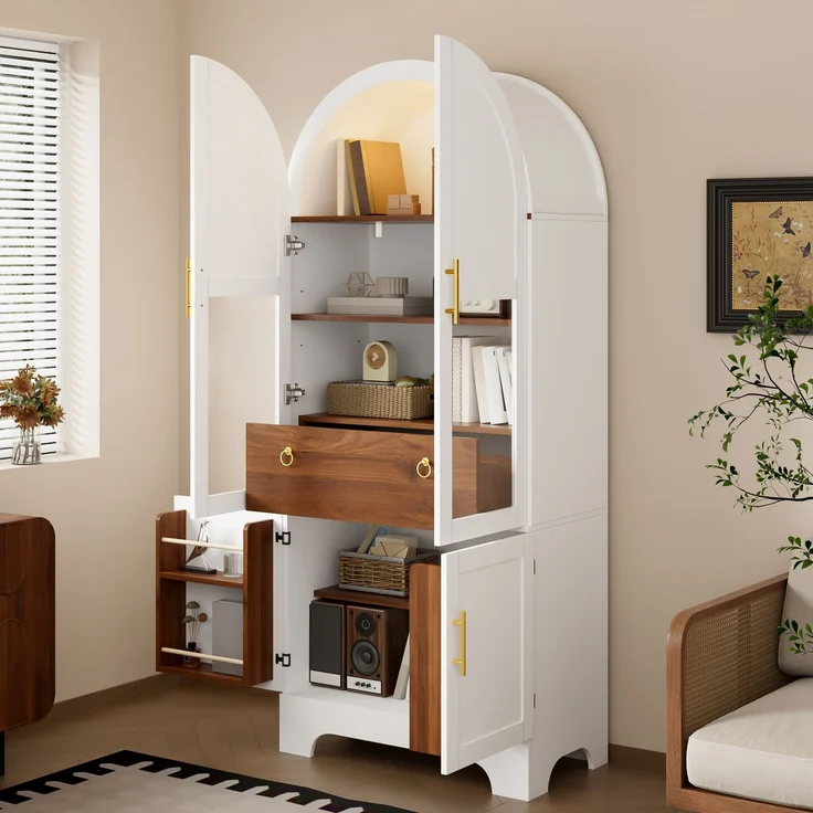 Vitrine 76 x 40 x 180 cm aus MDF und Spanplatte, mit Bogenfront, Glas und LED-Beleuchtung – Bild 2