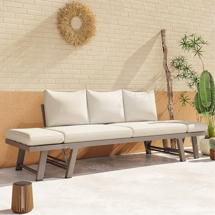 HAUSS SPOLE Gartensofa mit Liegefunktion,Dreisitzer Outdoorsofa mit klappbaren Armlehne,Beige, Gartenliege für Garten, Terrasse, Balkon, Verstellbare Armlehnen mit multifunktionalem Design – Bild 5