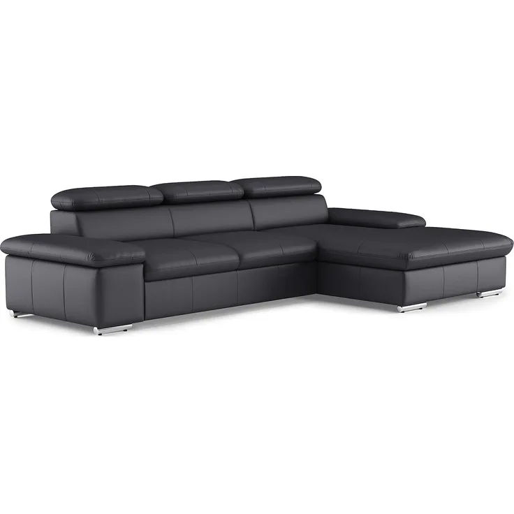 CAVADORE Leder-Schlafsofa Valerie mit XL-Longchair / Eckcouch mit Schlaffunktion, Kopfteilverstellung + großem Longchair / 286 x 73 x 174 / Echtleder Schwarz