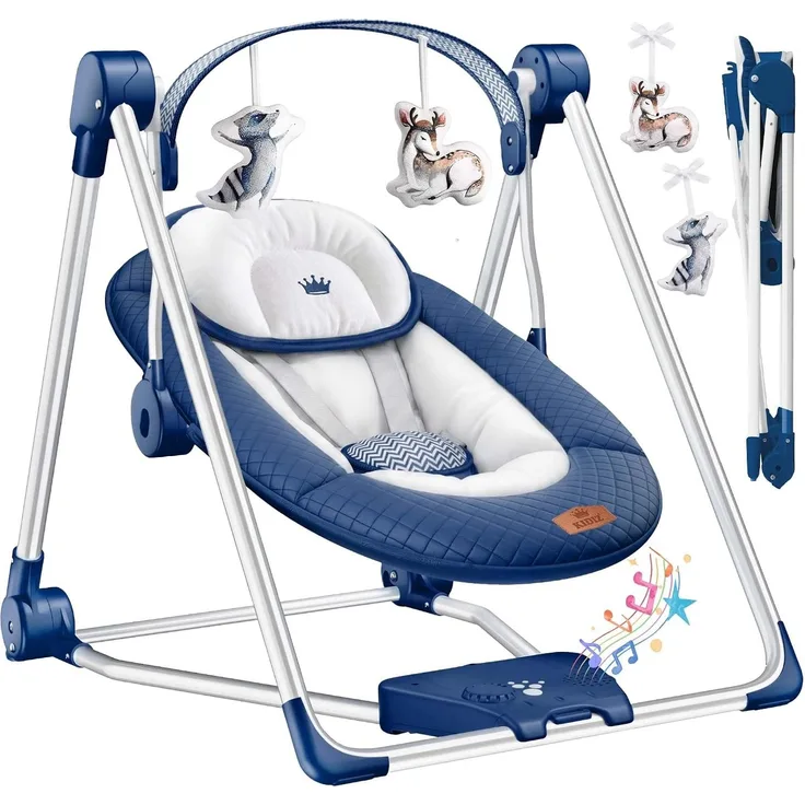 KIDIZ® Babywippe Babyschaukel mit 5 Geschwindigkeitseinstellungen zusammenklappbarer Baby Wippe Schaukel Babyhochstuhl mit Spielbogen Spielzeugen 5 beruhigende Naturgeräusche neugeborene Navyblau