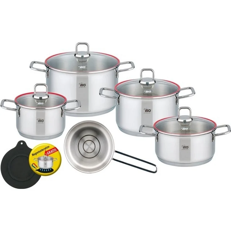 Elo Topf-Set Excellent, Edelstahl 18/10 (Set, 6-tlg, Bratentopf Ø 20 cm, je 1 Fleischtopf Ø 16/20/24 cm, Kasserolle Ø 16 cm), inkl. Untersetzer, mit Literskala, Induktion – Bild 4