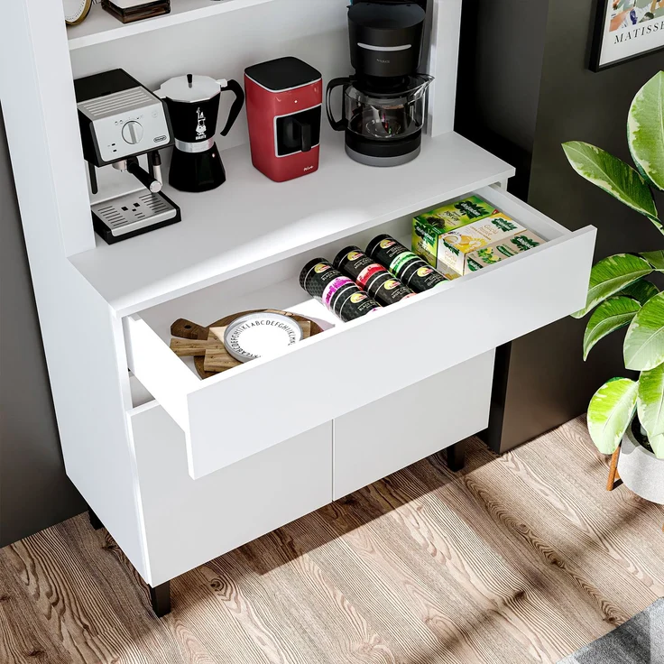 Roomart Küchenschrank VENEDIK 90×179×42 cm – Moderner Buffet- & Mehrzweckschrank mit Schublade, Türen & verstellbaren Einlegeböden – Mikrowellenschrank & Aufbewahrungsschrank für Küche, Esszimmer & Wohnzimmer • Weiß – Bild 4