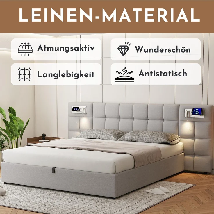 Polsterbett mit LED-Beleuchtung, Wireless Charger und Stauraum, extra breites Kopfteil mit Spots, Type-C und USB Anschlüssen, 180x200 cm, gepolsterter Kopfteil, Doppelbett, Stauraumbett, Leinen – Bild 5