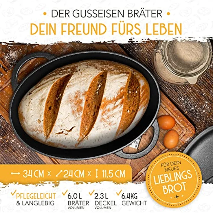 Krustenzauber Brotbackform 34cm Gusseisen Bräter mit Deckel backofengeeignet inkl. Gärkorb, (ovaler Gusseisen Topf Brot Backen - Ideal als Ofenform), Bräter Induktion, Brotbacktopf, Brot Backen Zubehör – Bild 6