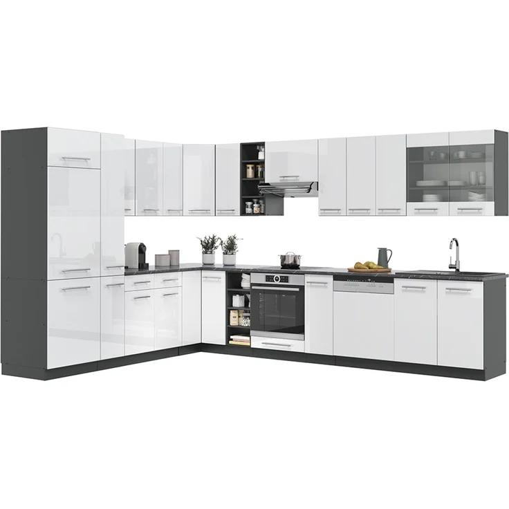 Eckküche Fame-Line Weiß Hochglanz/Anthrazit 347 x 257 cm ohne Arbeitsplatte Vicco – Bild 6