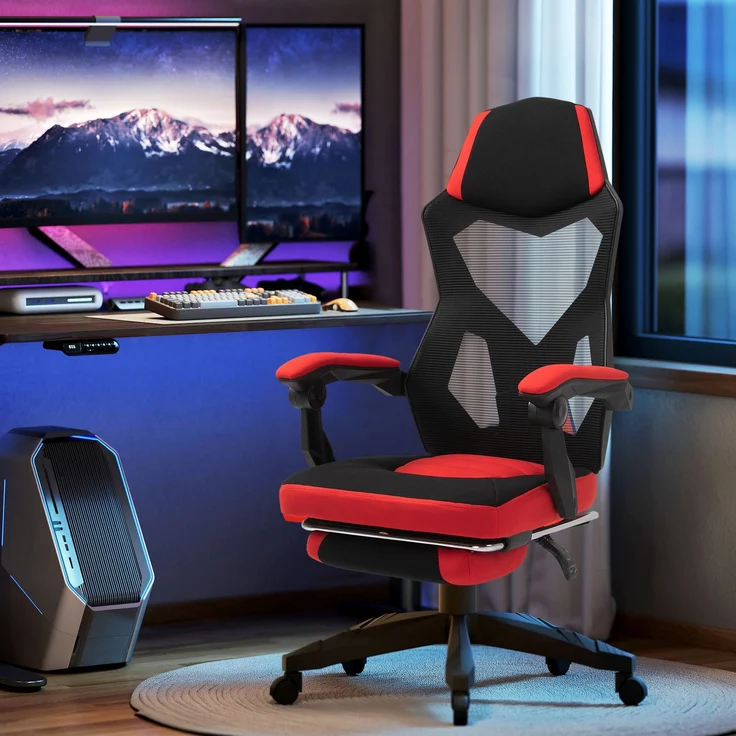 MELAYR, Ergonomischer Bürostuhl, Gaming Stuhl, Drehstuhl mit Fußstütze, PC Stuhl, 58 x 63 x 122 cm, Schwarz+Rot – Bild 3