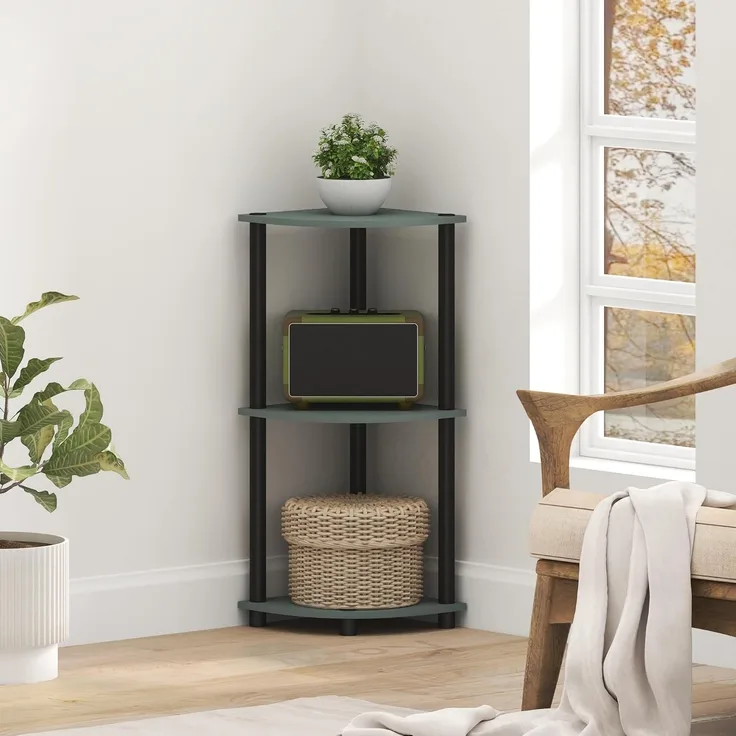 Furinno Turn-N-Tube Eckregal, 3-stöckiges Eck-Bücherregal, Aufbewahrungsregale mit offenen Regalen, für Organisation und Aufbewahrung, Wohnzimmer, Home Office, Garage, Salbeigrün