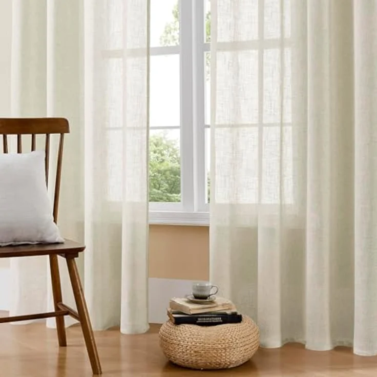 Joydeco Halbtransparente Vorhänge für Wohnzimmer, Leinen-Vorhänge, 244 cm Länge, 2 Paneele, Set für Schlafzimmer, weiße Vorhänge, 244 cm Lange Stangentaschen, Schlaufen auf der Rückseite (L x B): 244 – Bild 2