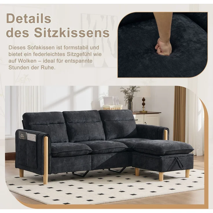 EINHOM Dreisitzige Sofagarnitur im nordischen Stil mit Aufbewahrungshocker, L-förmiges Stoffsofa mit Seitentaschen und Tischbeinen aus Holz, ideal für Wohnzimmer und kleine Räume(Schwarzer Chenille) – Bild 4