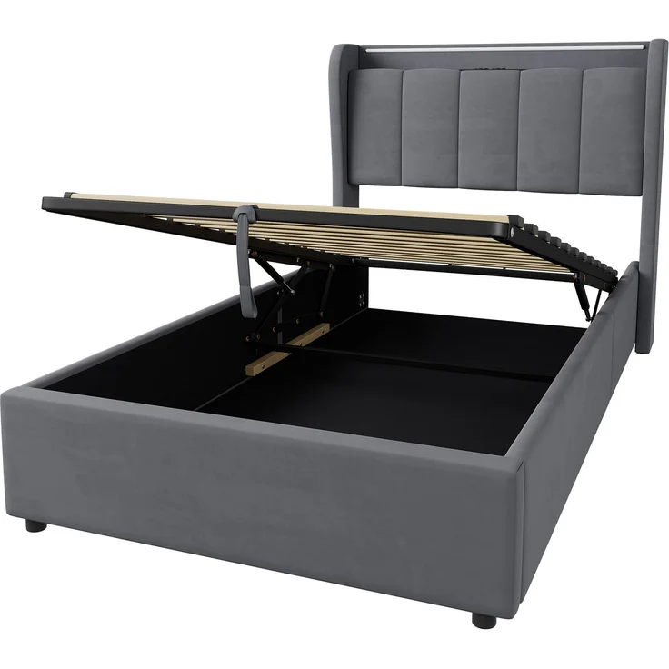Polsterbett 90x200 cm mit hydraulischem Bettkasten, LED-Beleuchtung und Kopfteil – Dunkelgrau, ohne Matratze – Bild 6