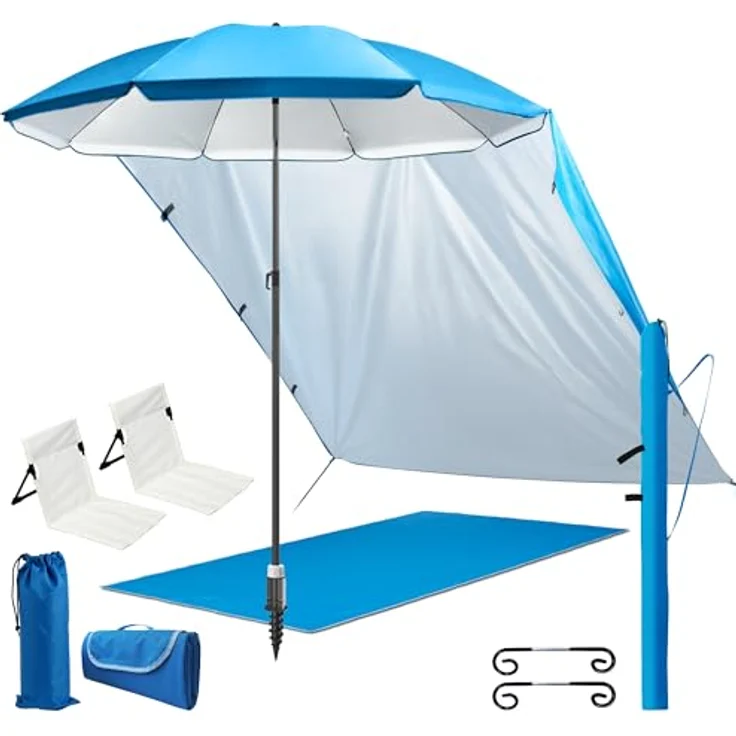 4smile Sonnenschirm 6er-Set in Blau, Ø 180 cm,Sonnenschirm Strand, bequeme Strandliege, stabiler Schirmständer Erdspieß, Sonnensegel Strand, leichte Stranddecke(1,5x2 m), Schirmhülle – Bild 2