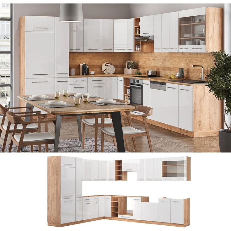 Eckküche Fame-Line Weiß Hochglanz/Goldkraft Eiche 347 x 60 cm , AP Marmor Vicco – Bild 2