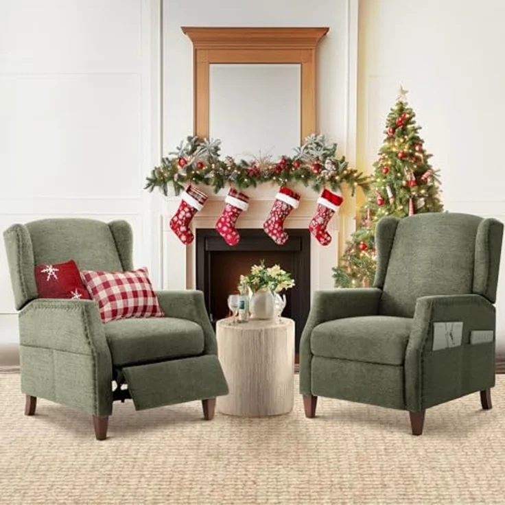 COLAMY Wingback Sessel mit Pushback-Funktion, Moderner Bezugsstoff Sessel fürs Wohnzimmer mit Seitentasche und Nagelkopf-Akzenten, Grün – Bild 4