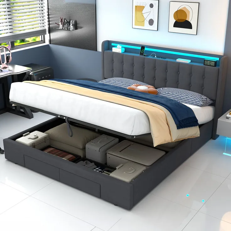 Polsterbett 180 x 200 cm, Samt, mit Bettkasten, Schubladen, USB-Anschluss und LED-Beleuchtung, Dunkelgrau