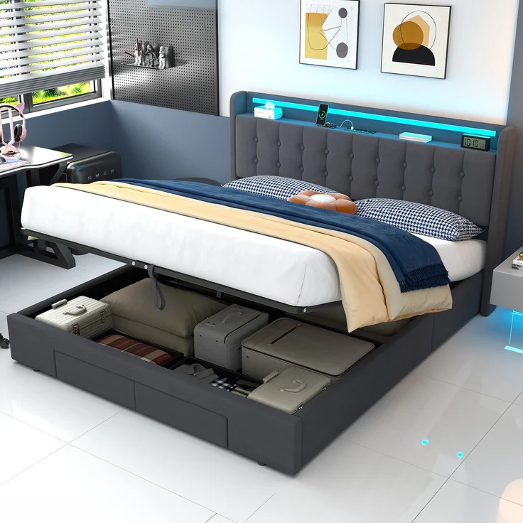 Polsterbett 180 x 200 cm, Samt, mit Bettkasten, Schubladen, USB-Anschluss und LED-Beleuchtung, Dunkelgrau – Bild 1