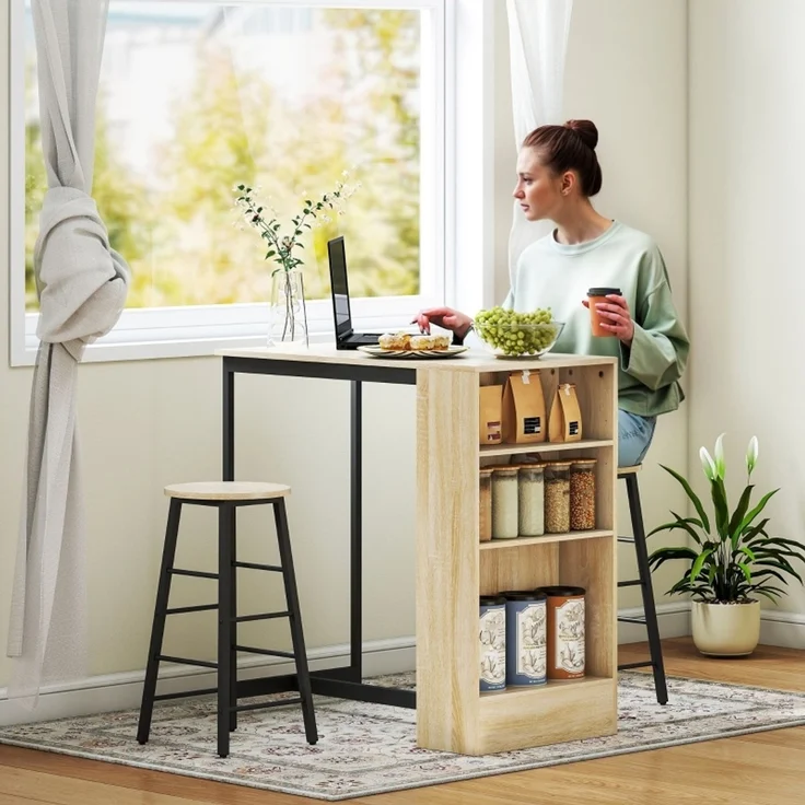 Bartisch mit Barhocker Set, 3-tlg, Bartisch-Set mit Küchentisch, Stauraum, 2 Hocker, Fußstützen, im Modern-Stil, Platzsparend Essgruppe für Esszimmer, Küche, Stahl, Eiche--Schwarz--91x49x91cm--YOUDENOVA – Bild 2