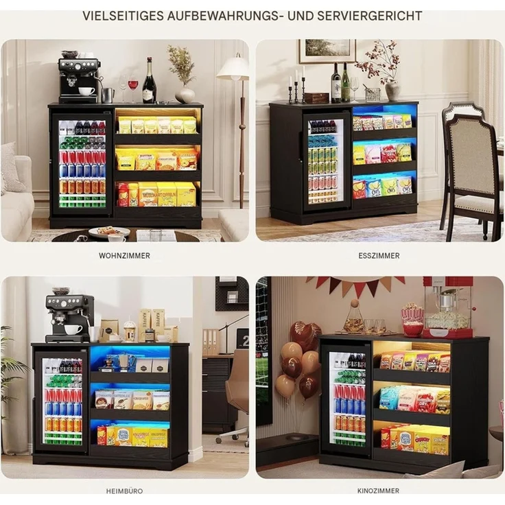 Snackschrank 100x43.5x83 cm mit 92L Kühlschrank, LED-Beleuchtung und Stauraum, Schwarz – Bild 9