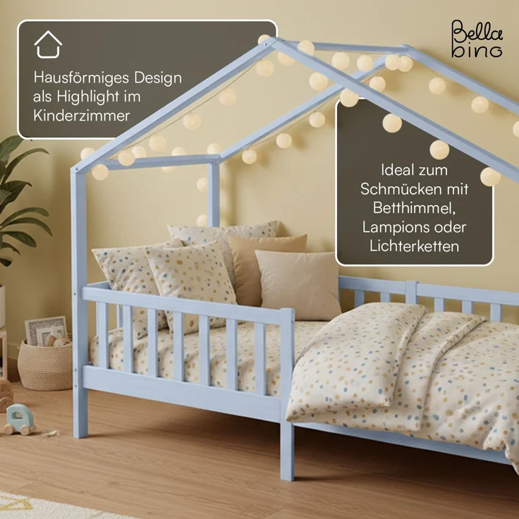 Bellabino 'Bia' Hausbett 90x200 cm, blau, Kiefer Massivholz, Montessori Kinderbett mit Rausfallschutz und Lattenrost – Bild 6