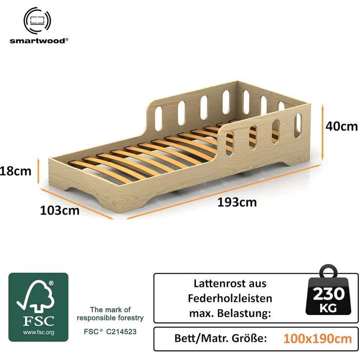smartwood Kinderbett 100x190 cm Montessori Bodenbett mit Rausfallschutz & Lattenrost - Aus handbemaltem Sperrholz - Sicher für Jungen und Mädchen - Einfache Montage - TILA 6 – Bild 2