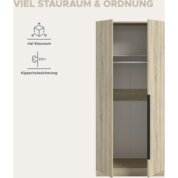 Kleiderschrank 2-türig (B/H/T: 80x180x52 cm) in Sonoma Eiche Nachbildung – Bild 9