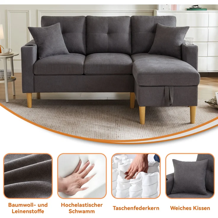 Merax L-förmiges modernes Sofa, 3-Sitzer-Sofa mit Chaiselongue, Stauraum, integriertem Getränkehalter, wird mit 2 Kissen geliefert, Dunkelgrau – Bild 6