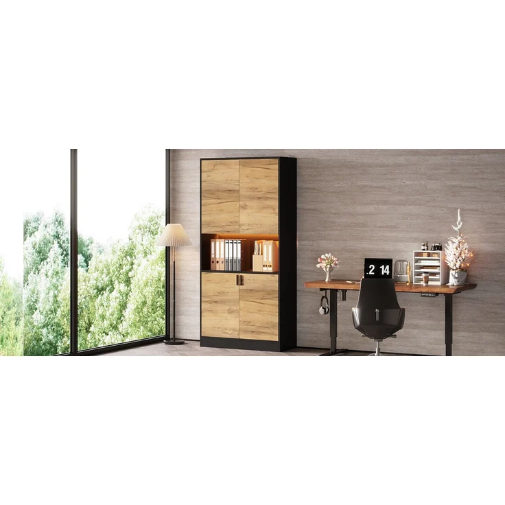ZUBALIYA Aktenschrank 80x35x180cm mit LED-Beleuchtung, Mehrzweck-Aufbewahrungsschrank aus Holz, Hochschrank mit verstellbaren Einlegeböden, Sideboard für Büro Wohnzimmer Flur,Aktenschrank,Flurschrank – Bild 17