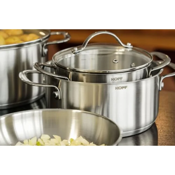 Kopf Topf-Set Clara, Edelstahl, 10-teilig mit 4 Kochtöpfen, Bratpfanne, Schmorpfanne, Stielkasserolle und 3 Glasdeckeln, für alle Herdarten inkl. Induktion, spülmaschinengeeignet und backofenfest – Bild 9
