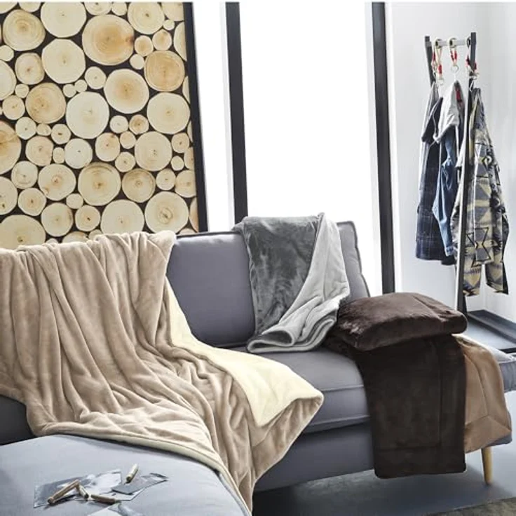 s. Oliver zweifarbige Kuscheldecke 150x200 cm - doppellagige Dicke Wendedecke grau hellgrau, leicht glänzende Flanell Decke super weicher Griff und angenehm warm – Bild 7