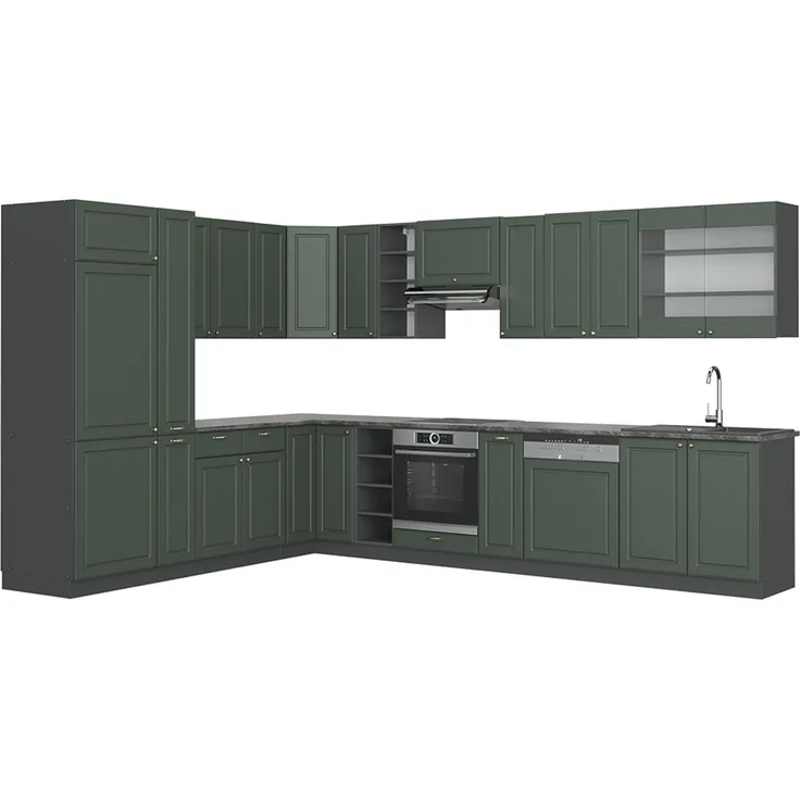 Eckküche Fame-Line Grün-Gold Landhaus/Anthrazit 347 x 46 cm ohne Arbeitsplatte Vicco