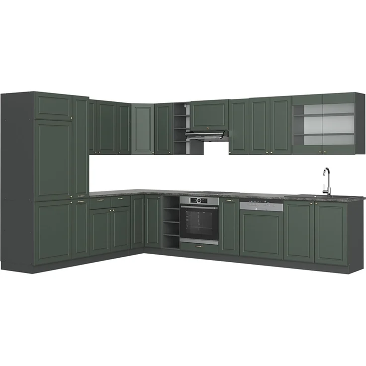 Eckküche Fame-Line Grün-Gold Landhaus/Anthrazit 347 x 46 cm ohne Arbeitsplatte Vicco – Bild 1