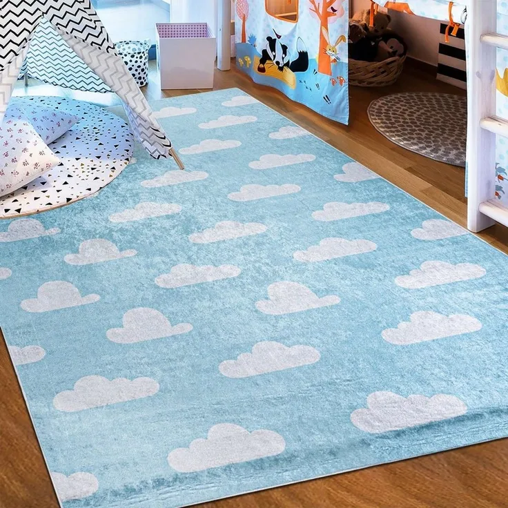 Mazovia Kinderteppich Kinderteppich Kinderzimmerteppich Wolken Sky, 80x150 cm, Kurflor, Waschbar in Waschmaschine, Höhe 5 mm, Rutschfest