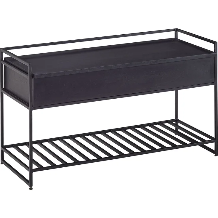 Sitzbank mit Stauraum Mango Massivholz Metall Schwarz 90x52x38cm Schuhregal Flurbank