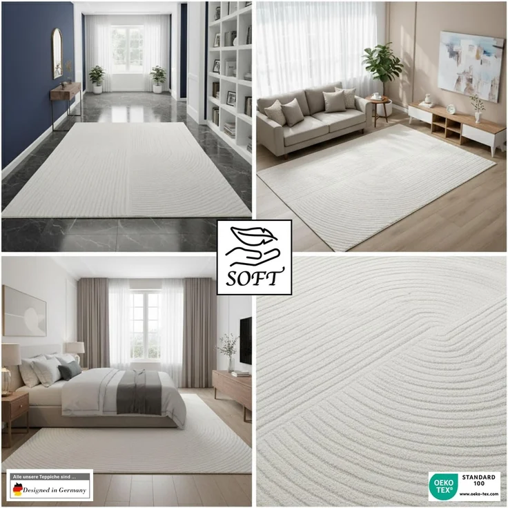 Vimoda Teppich Teppich Wohnzimmer Boho Design dünn kurzflur teppich, Rechteckig, Höhe: 6 mm, Hoch Tief Effekt 3D Teppich, in Creme, Grau &Taupe Läufer Schlafzimmer – Bild 4
