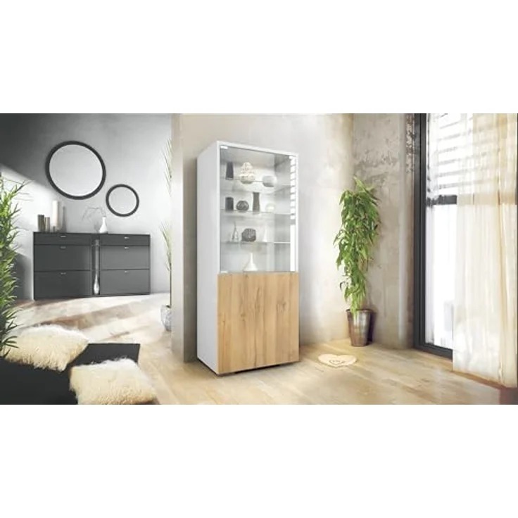 Vladon Standvitrine Granada (Vitrinenschrank, mit Glastür und Glaseinsatz) Weiß matt/Eiche Natur (50 x 122,5 x 34,5 cm) – Bild 3