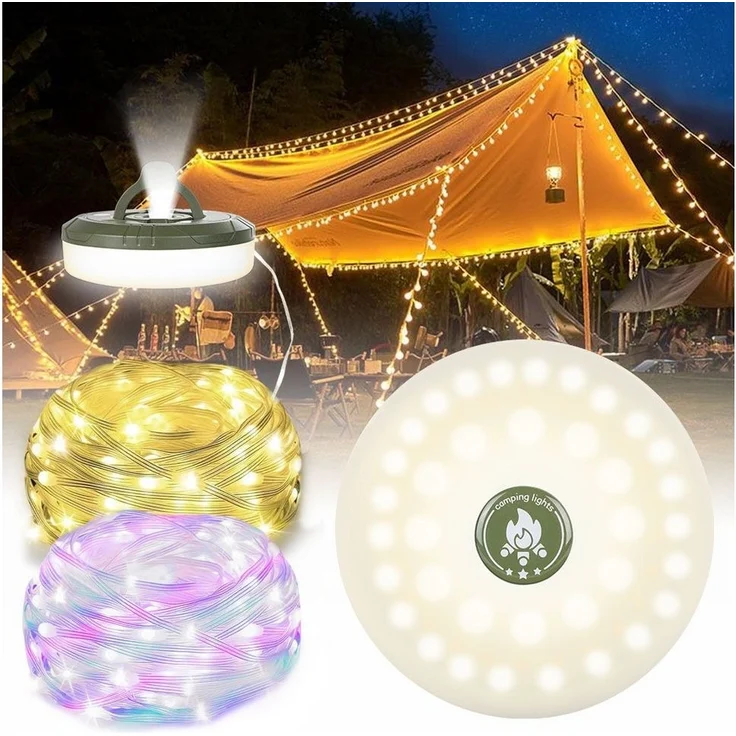 PRIISF Lichterkette Camping lichterkette Party, LED Camping Lichterkette Aufrollbar, Wiederaufladbar über USB, Tragbare Campinglampe für Camping, Garten – Bild 1