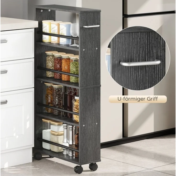 Rollwagen aus Holz mit 4 Fächern und feststellbaren Rollen, 45x15x91 cm, Schwarz – Bild 7