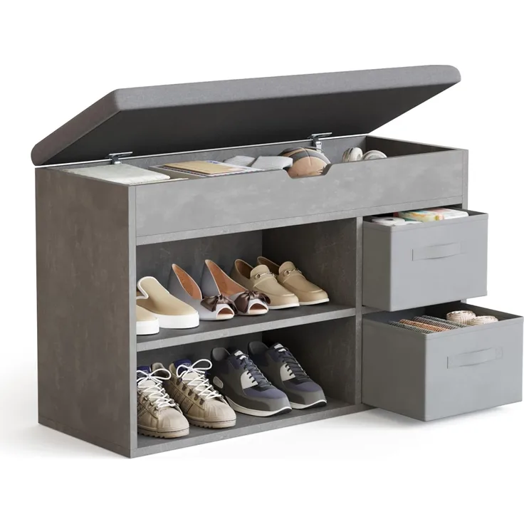 Mondeer Schuhbank mit Sitzfläche, Sitzbank mit Stauraum 2 Stoffschubladen, für Flur Eingang Wohnzimmer, 80 x 48 x 30 cm, Grau