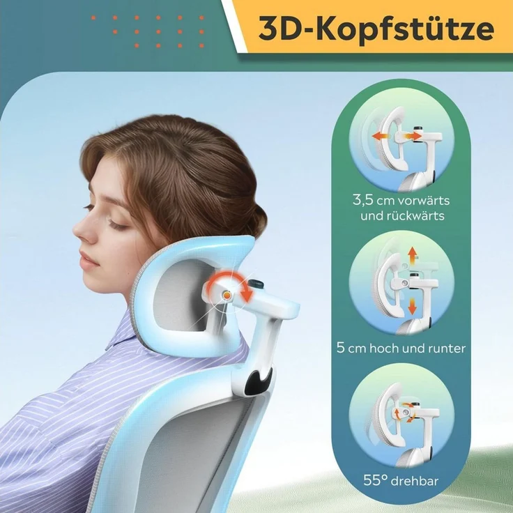DEVAISE Bürostuhl Ergonomischer Drehstuhl mit 3D-Kopfstütze, Lordosenstütze (90° klappbaren Armlehnen), Mesh-Rücken, Wippmechanik 90–125°, bis 136 kg – Bild 4