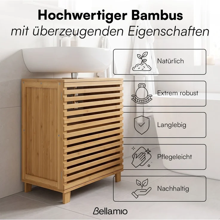 Bellamio 'Newa' Badezimmer Waschbeckenunterschrank, Bambus, natur, 40x30x60 cm, mit 1 Tür, Badezimmerschrank mit 2 Ablagefächern – Bild 2