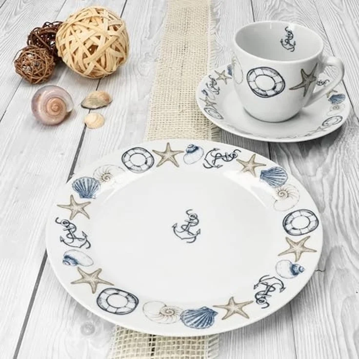 MamboCat Kaffeeservice Neptun 18tlg Kaffeeservice Porzellan 6Pers Tasse Teller Anker maritim, Porzellan – Bild 3
