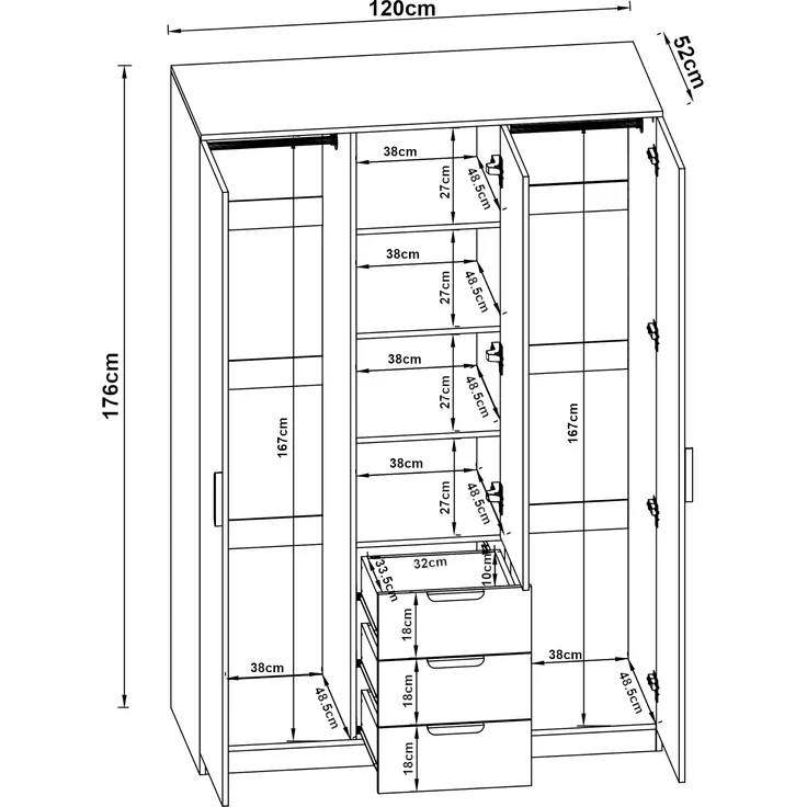 Kleiderschrank Eiselfing 176x120x52 cm 3 Schubladen [en. casa] – Bild 5