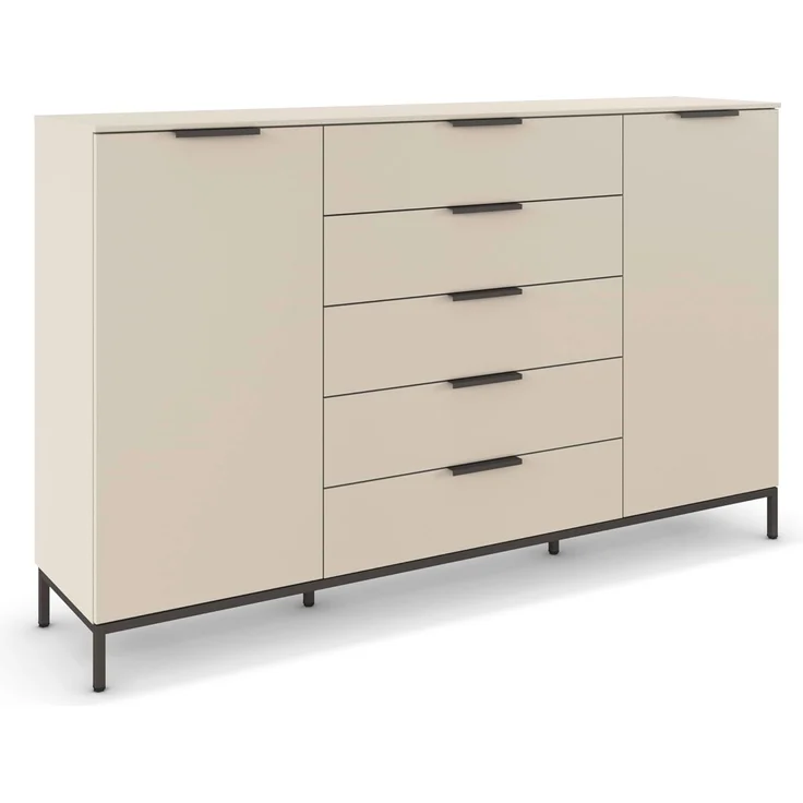 Rauch Möbel Flipp, Nachttisch für Schlafzimmer, Kinderzimmer, Wohnzimmer, Flur, Garderobe, 2-türig, 5 Schubladen, mit Softclose-Funktion, Griffe und Metallkufe Graphit, Farbe Beige, Breite 180 cm – Bild 1