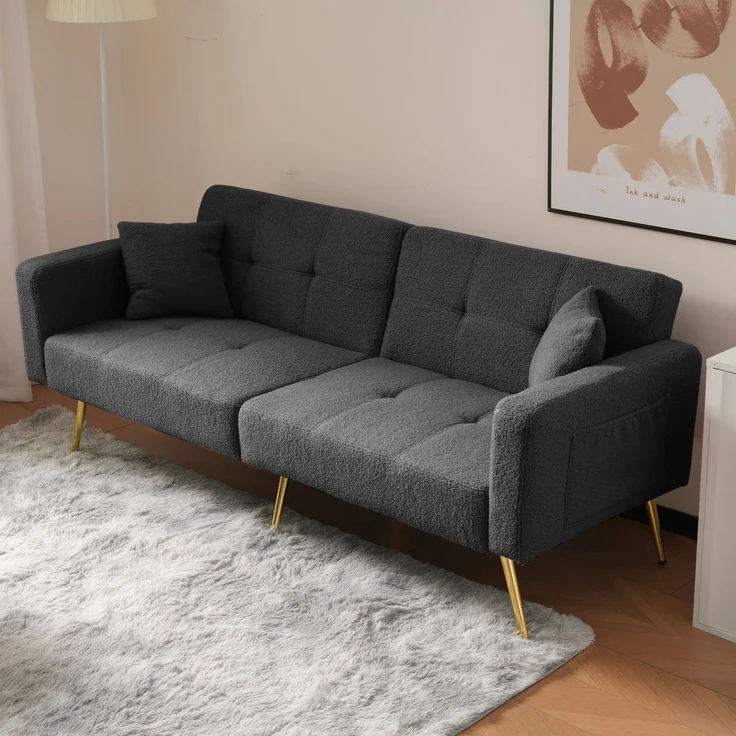 Schlafsofa mit Lammwollbezug, hochdichte Schaumstoffkissen, Rückenlehne neigbar bis 180°, vergoldete Beine, dunkelgrau – Bild 3