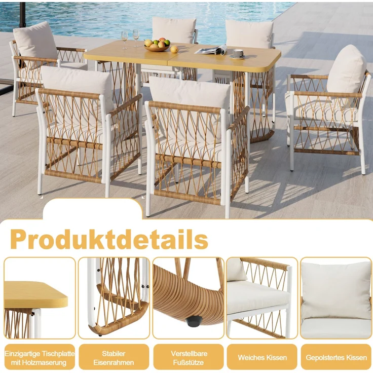 Gartenmöbel-Set mit 6 Stühlen, Tisch in Holzoptik, 159,5x77,5x75 cm, Beige/Braun/Natur – Bild 6