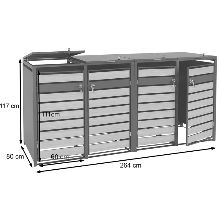 4er Mülltonnenverkleidung HWC-J81, Mülltonnenbox, erweiterbar, Metall 100kg, anthrazit ~ Buche-Holzoptik hellbraun – Bild 3